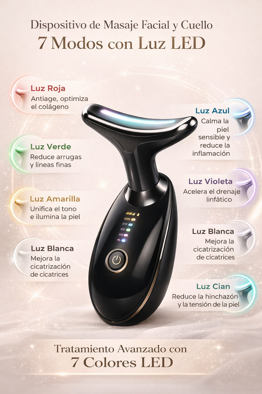 Masajeador Facial y de Cuello LED 7 Colores – Efecto Lifting en Casa
